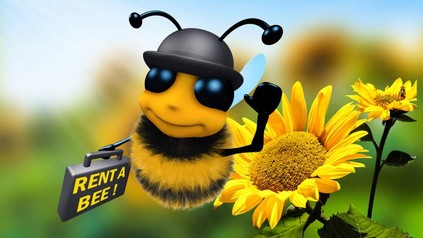 Eine Biene mit Hut, die einen Koffer trägt auf dem Rent a Bee! steht